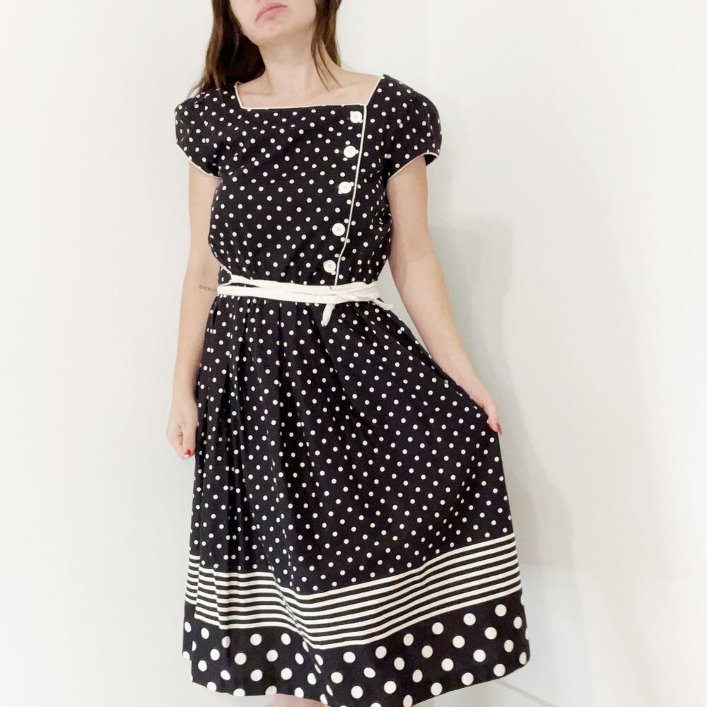 Vintage Act I Black White Polka Dot Fit Flare Square Neck Dress, M